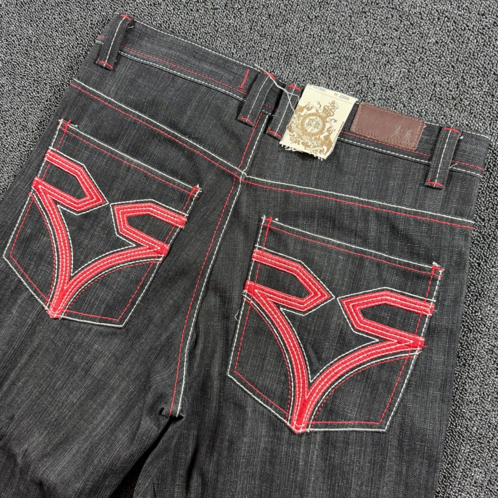 Rich Kids Baggy Wide Leg Jeans Mens 34x34 Black Red Stitch Embroidered Y2K NWT